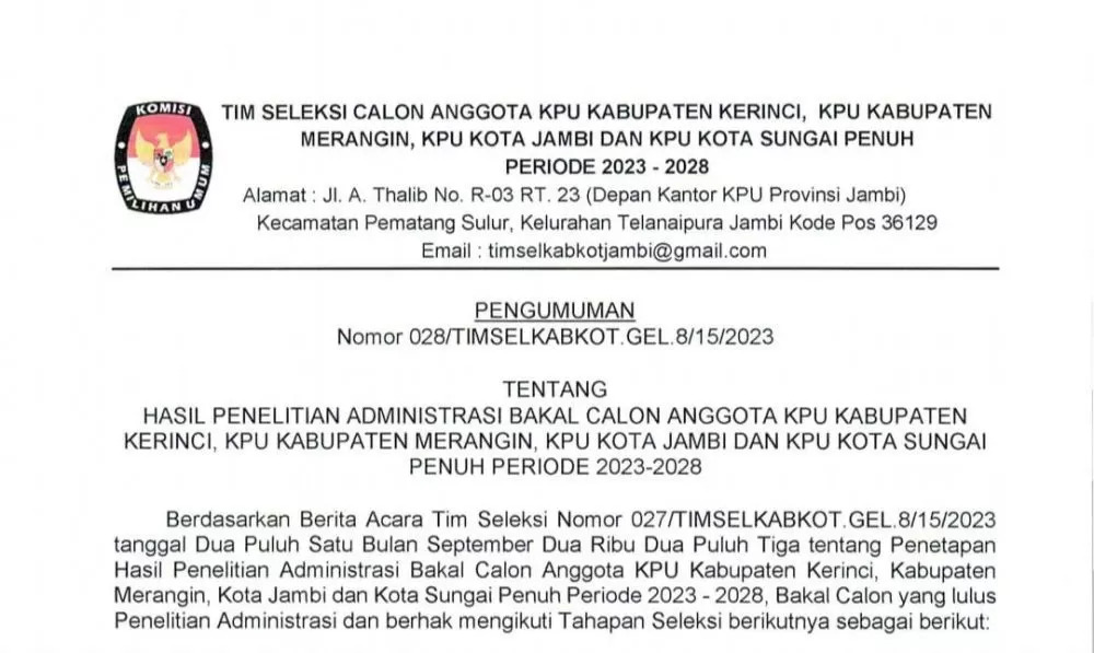 Berikut Nama-nama yang Lulus Administrasi Calon KPU Kerinci, Merangin, Kota Jambi dan Sungaipenuh